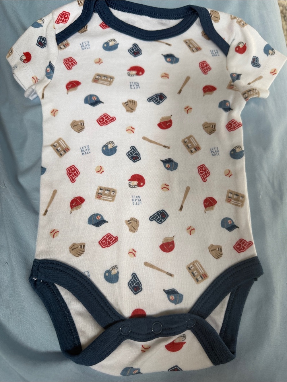chick pea White Baseball Print One-Piece with Navy Trim